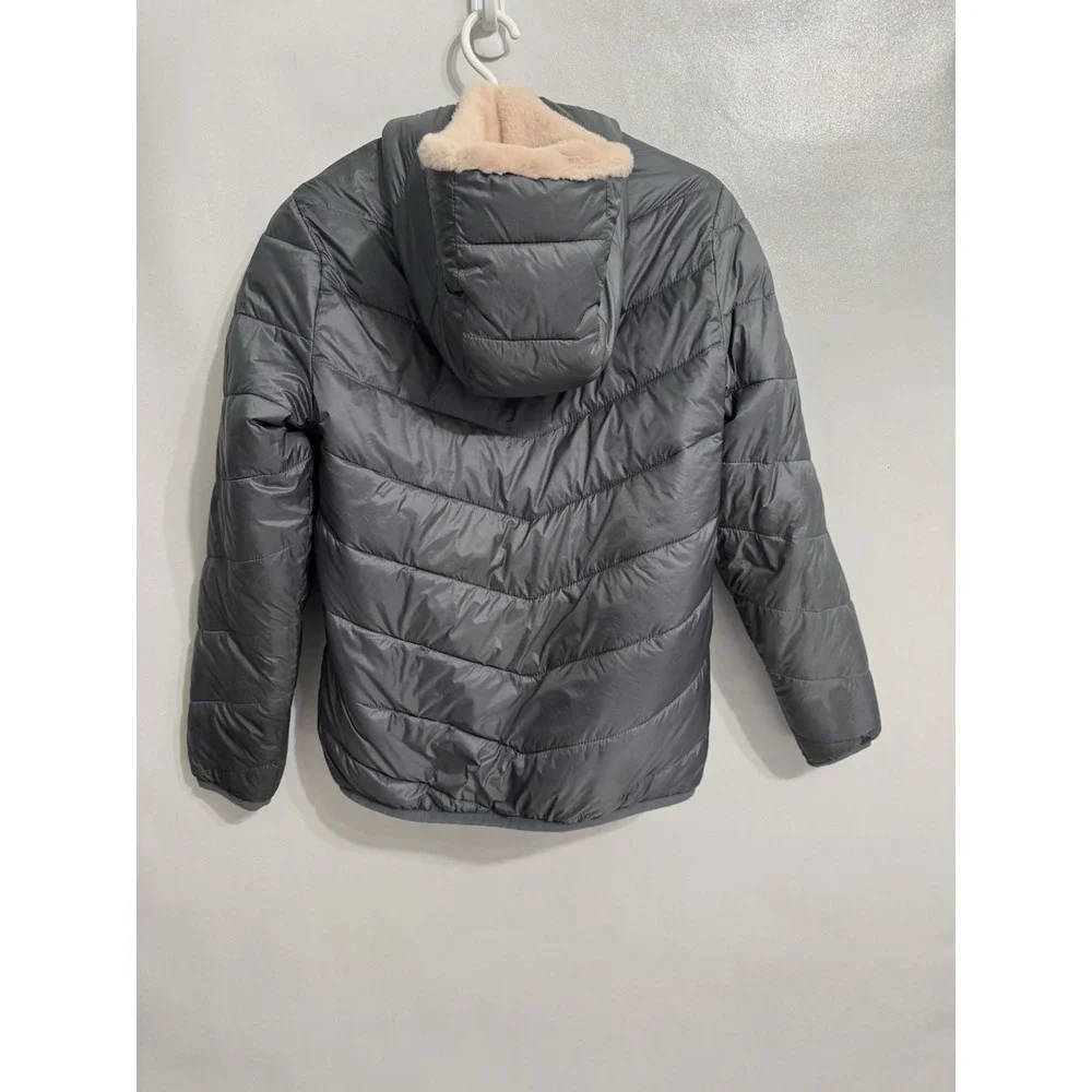 Abercrombie Kids Size 15/16 Girls Puffer Jacket Hooded Faux Fur Reversible Gray